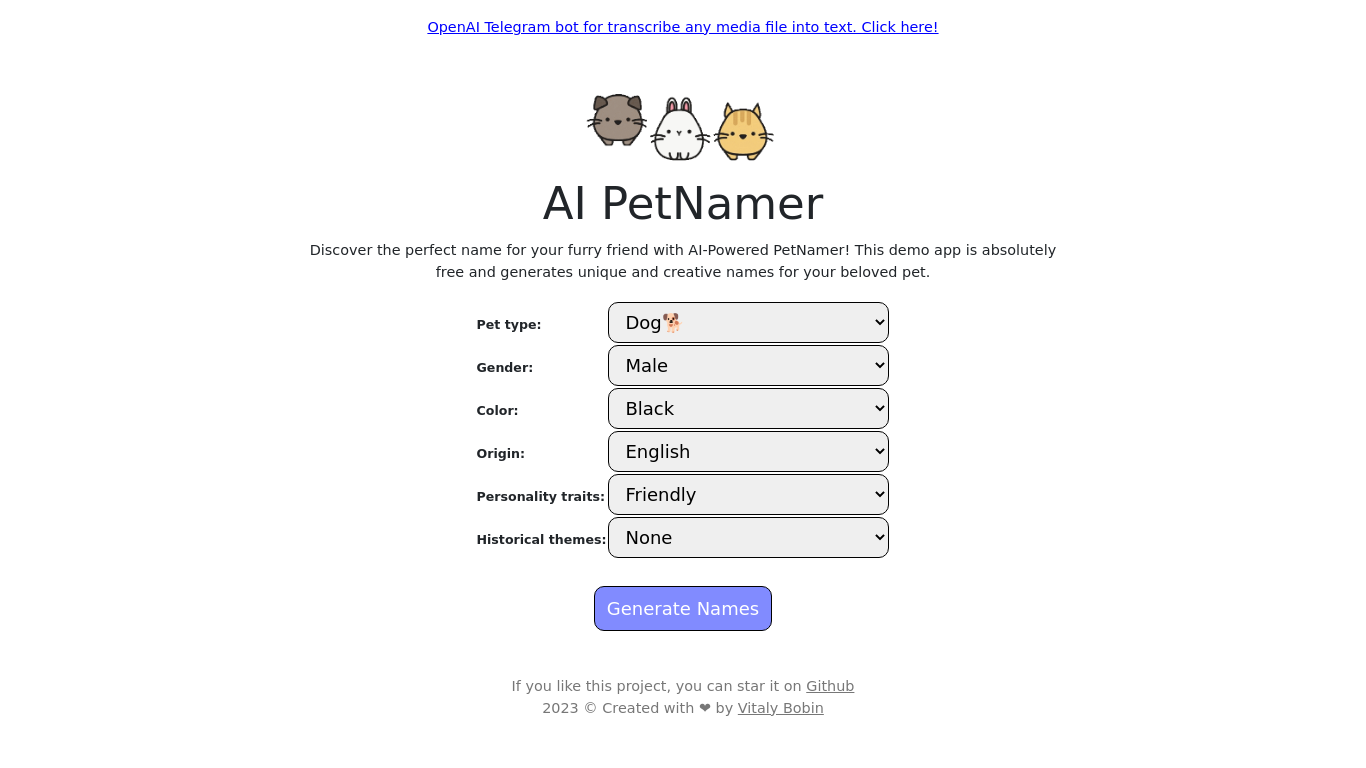AI Pet Name Generator Demo | AIPetNamer generates unique and creative ...